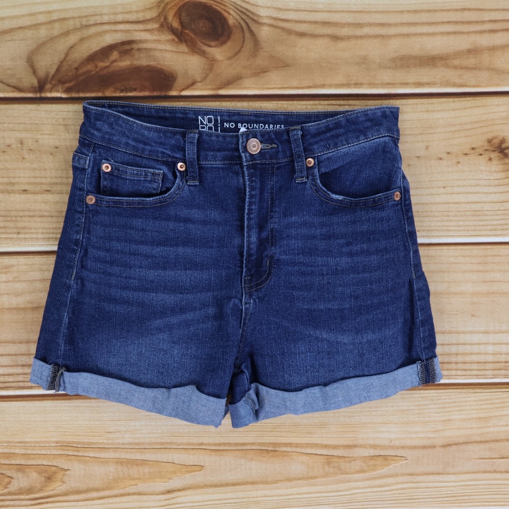 No Boundaries Jean Shorts Juniors Sz 9 Blue Cotton Blend Cuffed Stretch Pockets